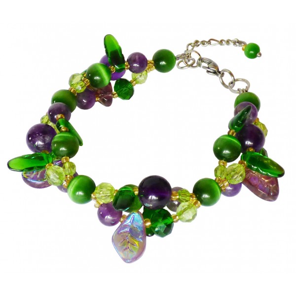 Bracelet fleuri améthystes et oeil de chat vert